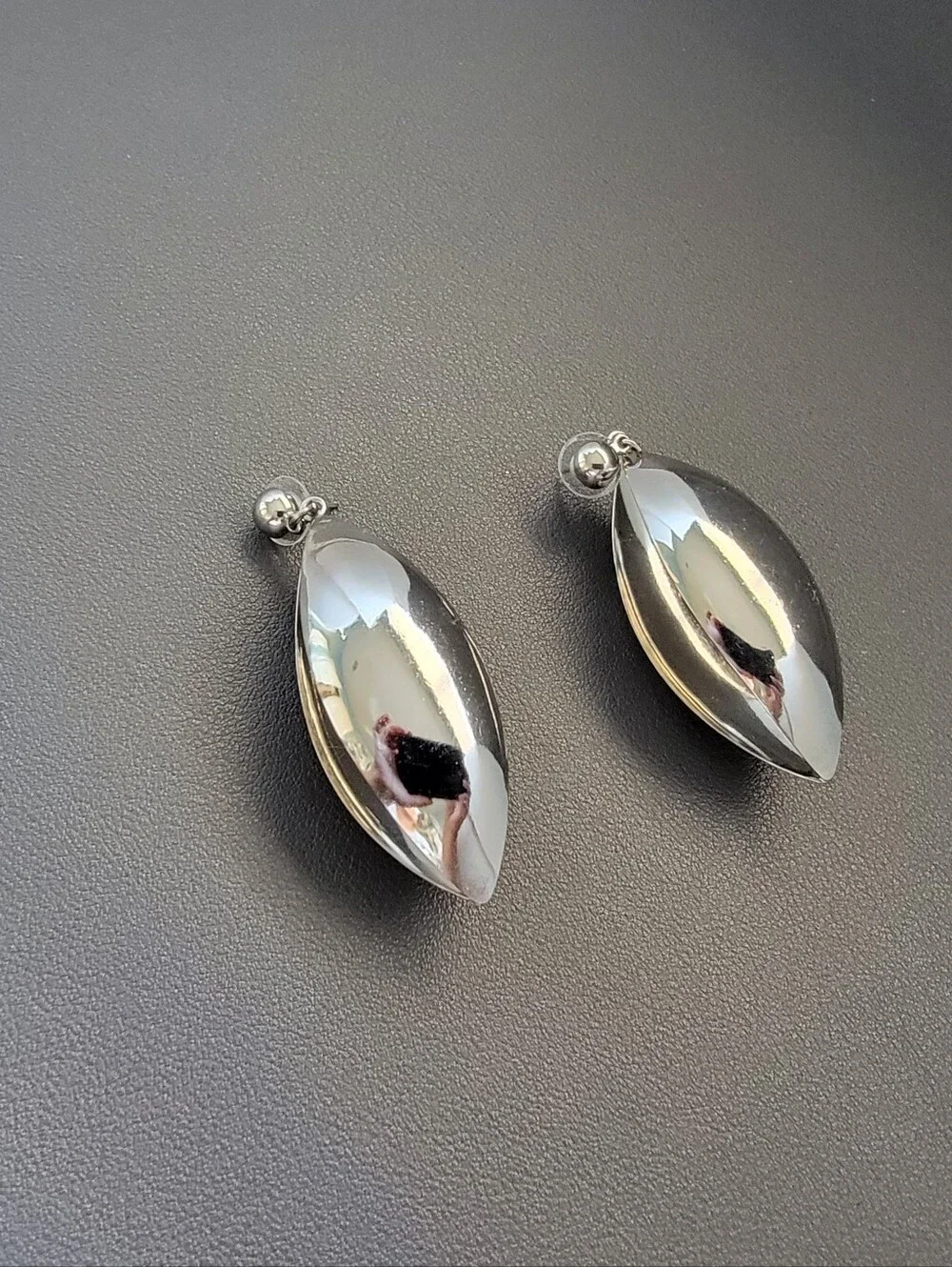 Modernist Silver Tone Open Marquise Leaf Statement Drop Earrings Sculptural
